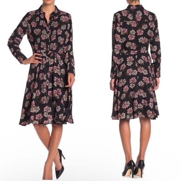 Nanette Lepore Pintuck Floral Button-Front Long Sleeve Shirt Dress Size 12 - Picture 1 of 16